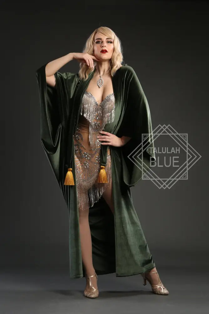 Stretch velvet great gatsby 1920's art deco flapper robe dress vintage fashion, reproduction gown with gold tassels and crystal clasp, made to order, green velvet dress, green flapper dress, green burlesque costumes