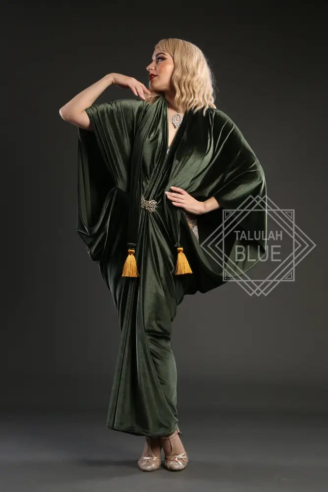Stretch velvet great gatsby 1920's art deco flapper robe dress vintage fashion, reproduction gown with gold tassels and crystal clasp, made to order , green velvet dress, green flapper dress, green burlesque costume