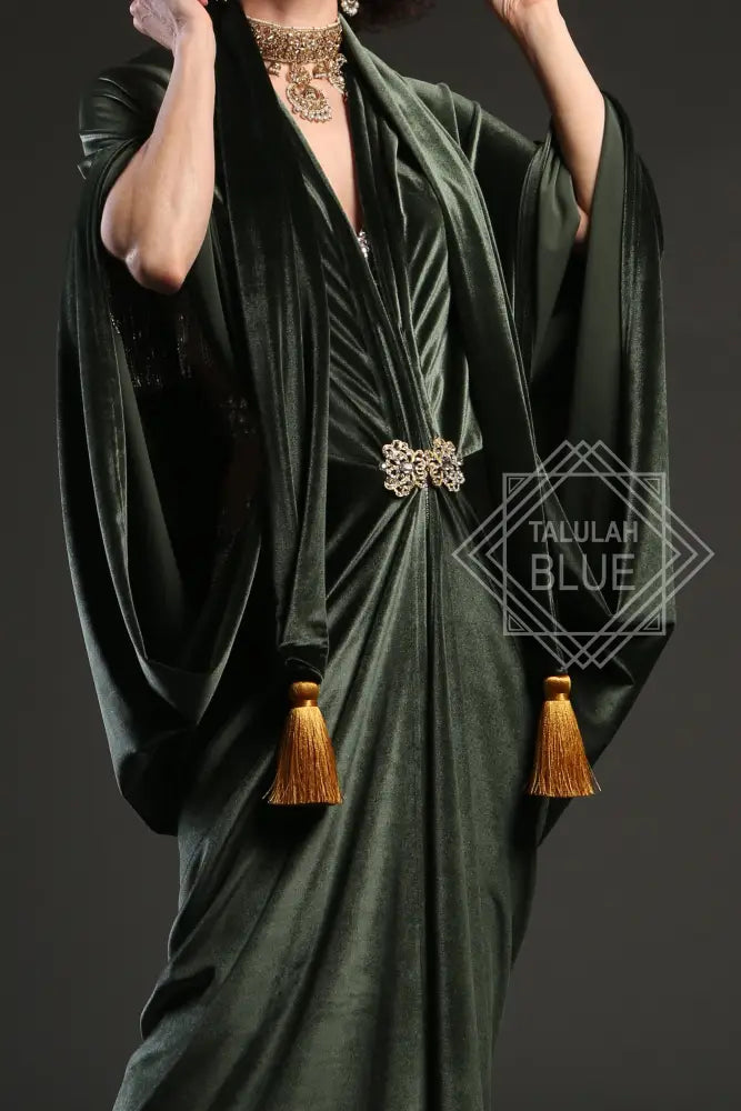 Stretch velvet great gatsby 1920's art deco flapper robe dress vintage fashion, rerpoduction gown with gold tassels and crystal clasp, made to order in a large range of sizes and heights