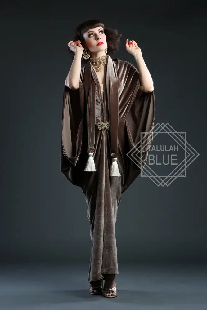 mushroom brown velvet 1920 Gatsby dressing gown robe