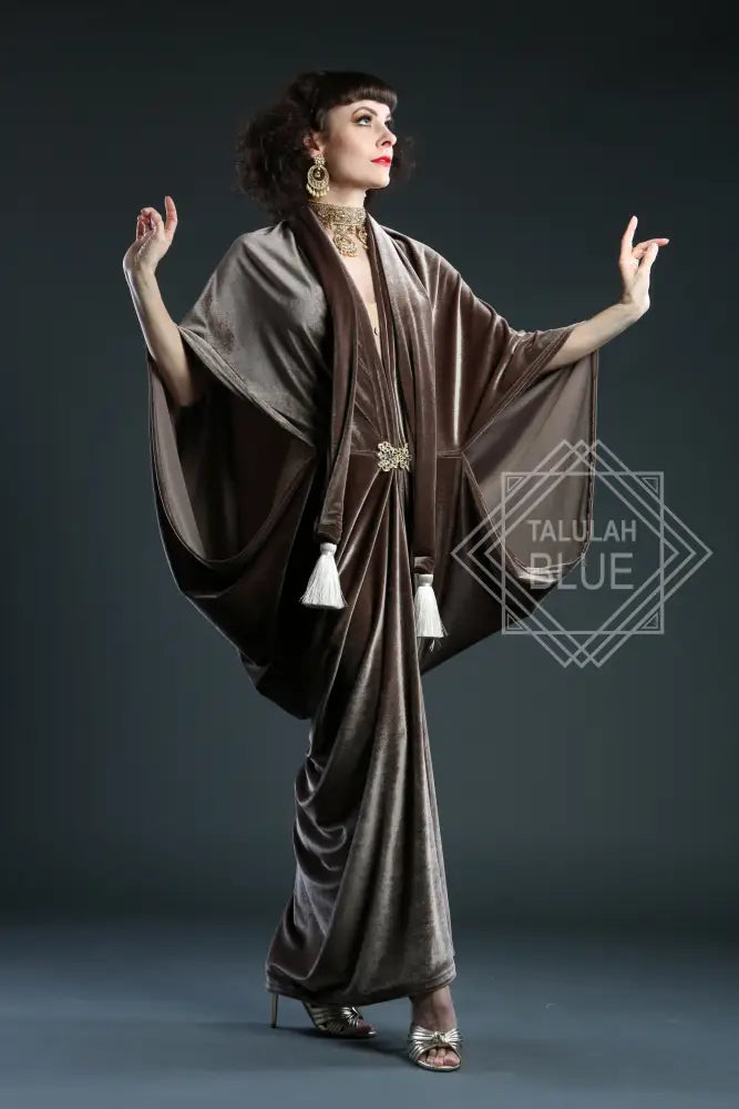 mushroom brown velvet 1920 Gatsby dressing gown robe