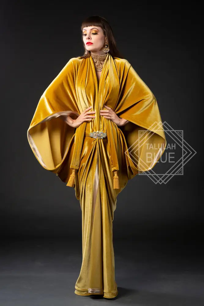 1920s Mustard Velvet Great Gatsby Dress Floor length flapper