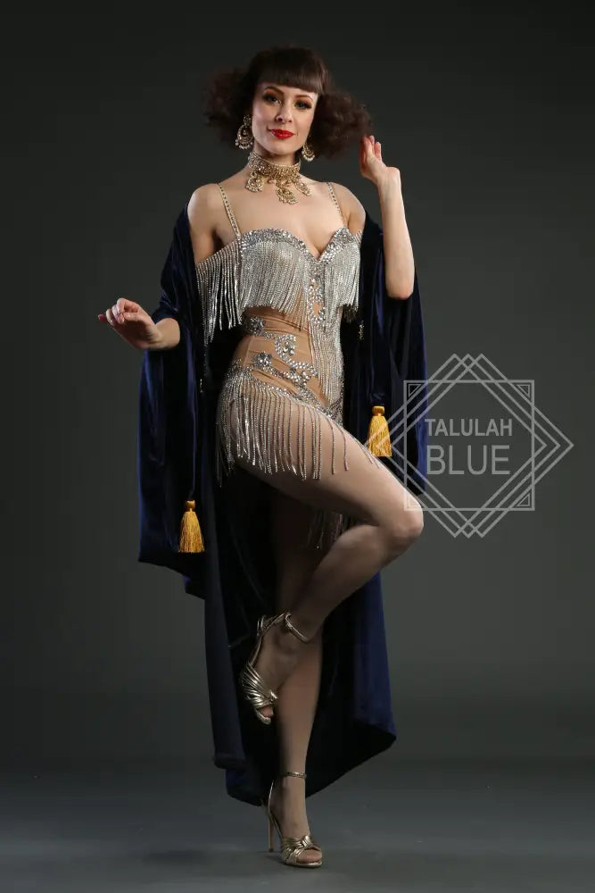 1920s Navy Velvet Great Gatsby Dress - Floor length flapper Cocoon coat