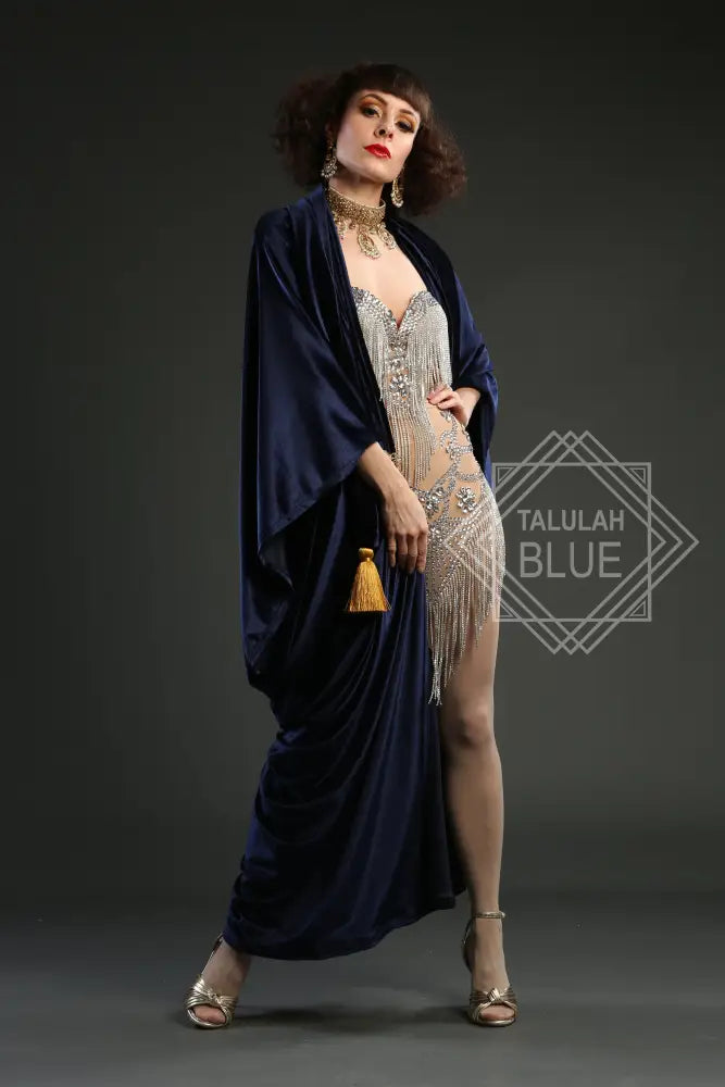 1920s Navy Velvet Great Gatsby Dress - Floor length flapper Cocoon coat