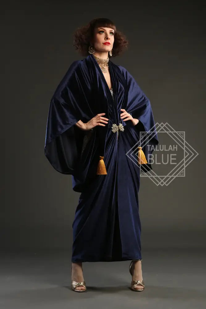 1920s Navy Velvet Great Gatsby Dress - Floor length flapper Cocoon coat