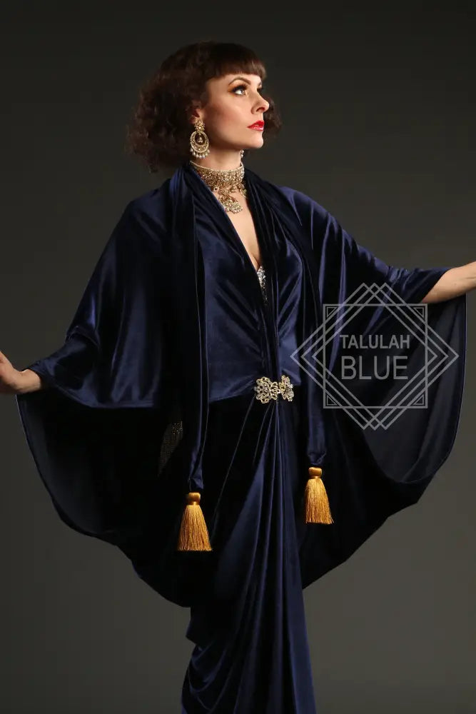 1920s Navy Velvet Great Gatsby Dress - Floor length flapper Cocoon coat