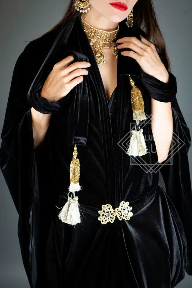 1920s Velvet Great Gatsby Black Dress - Floor length flapper Cocoon coat