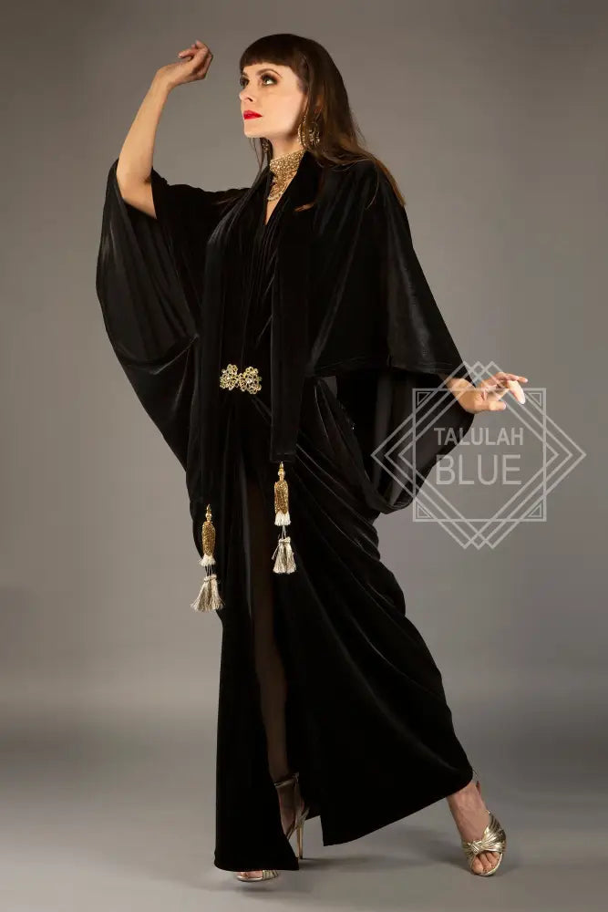 1920s Velvet Great Gatsby Black Dress - Floor length flapper Cocoon coat