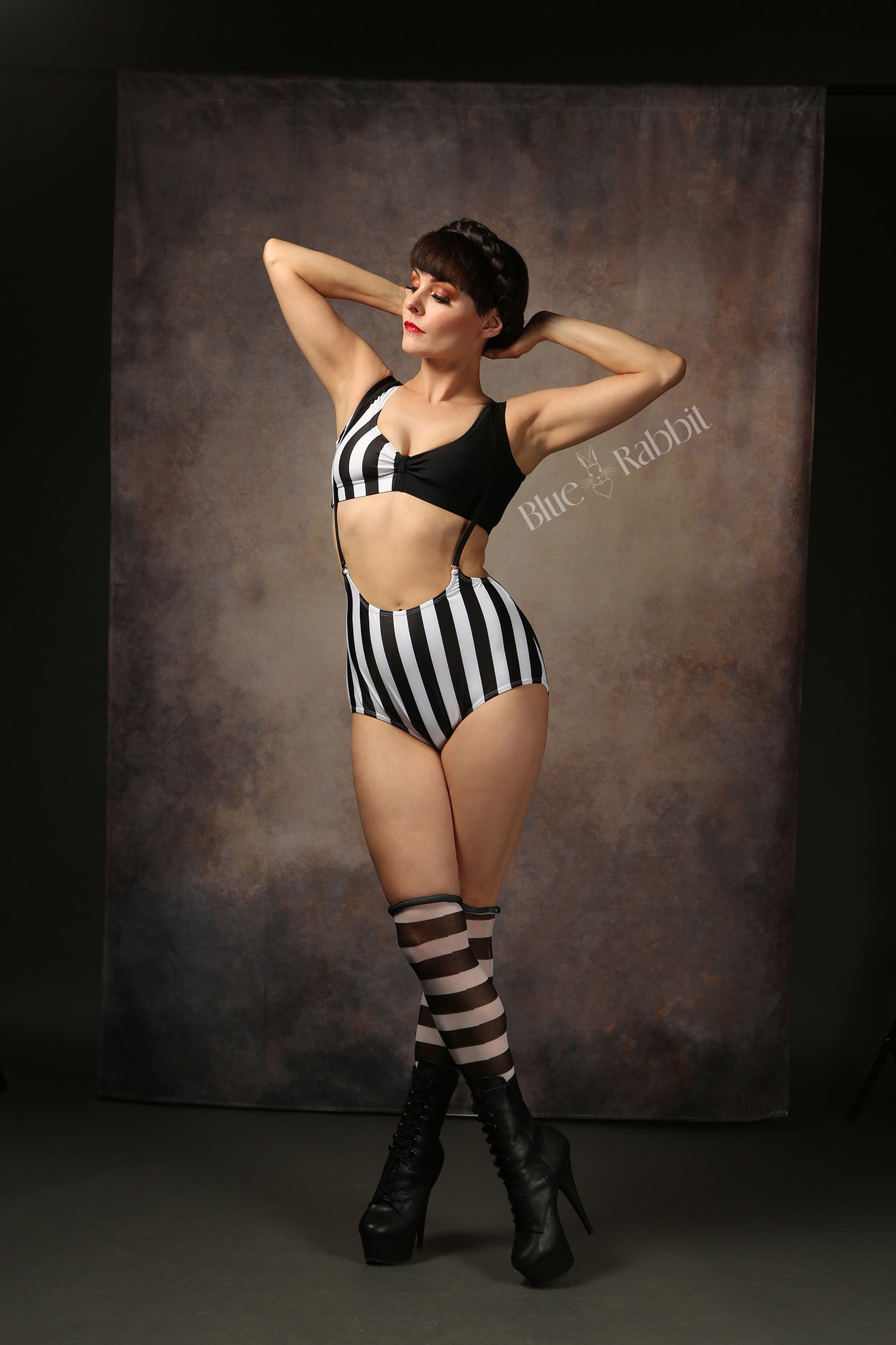 Black & White Stripe Lycra Suspender Playsuit & Bra Set Talulah Blue Costumes Black & White Stripe Lycra Suspender Playsuit & Bra Set Talulah Blue Costumes