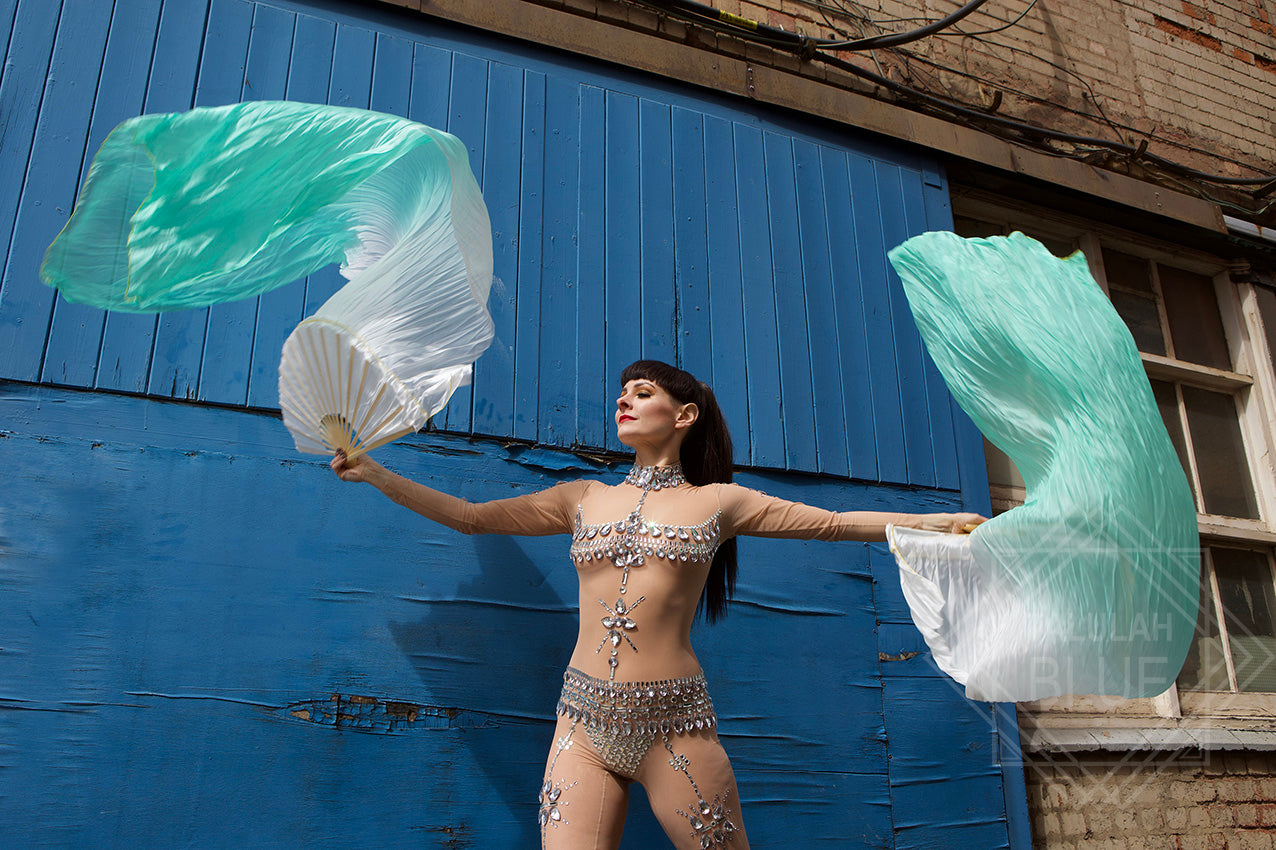 mint green and white silk veil fans belly dance
