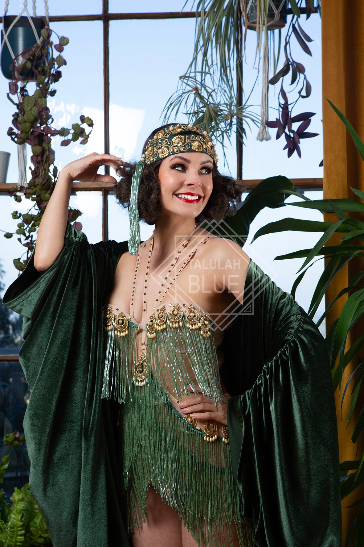 green art deco hand beaded flapper headband, with long gold tassel for the perfect flappergirl outfit