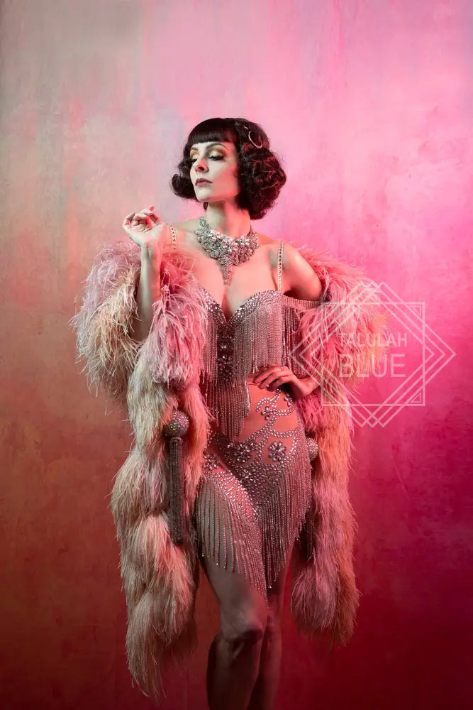 Nude Mesh Crystal Bodycon mini Flapper Dress 1920 showgirl