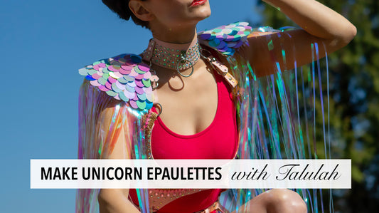 DIY iridescent fringe festival shoulder pads craft kit with shimmering epaulettes, perfect for creating custom rave, Pride, or music festival costumes.