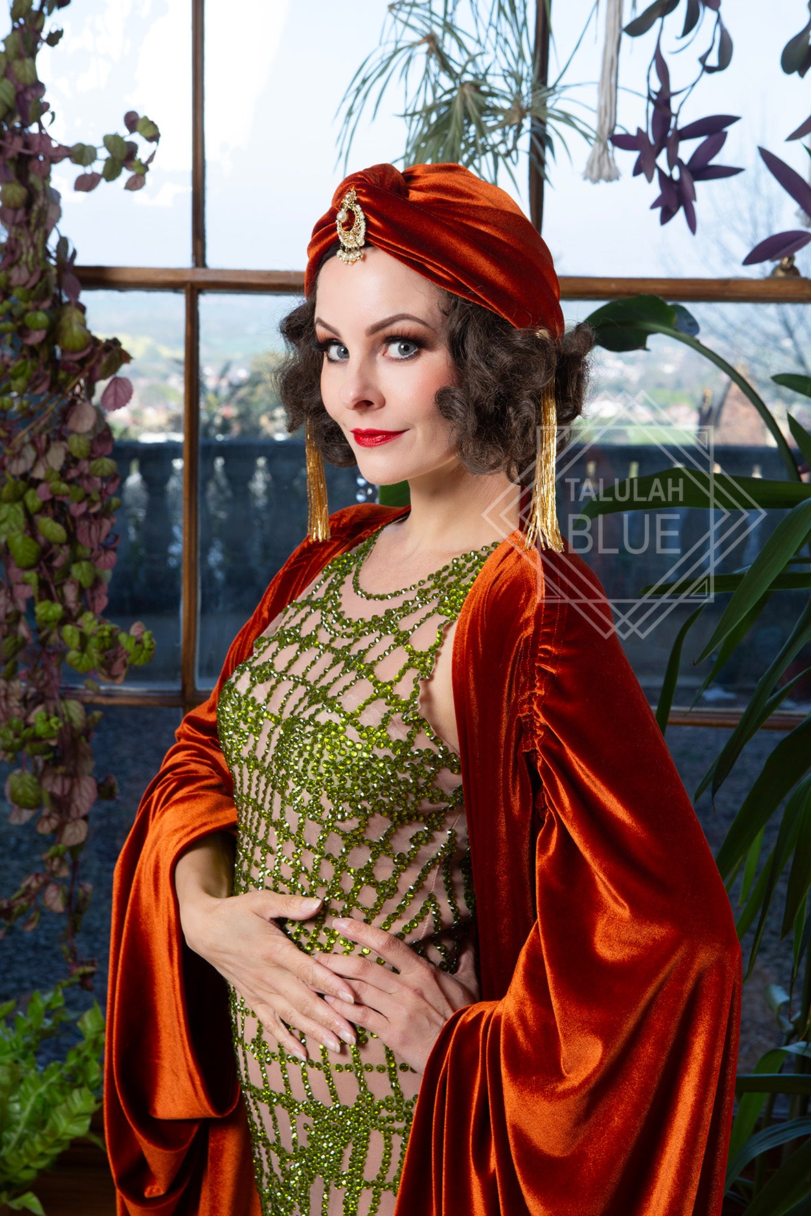 luxury tassel orange velvet turban great gatsby costume 1920's vintage style, burlesque costume, fashion turbans for ladies