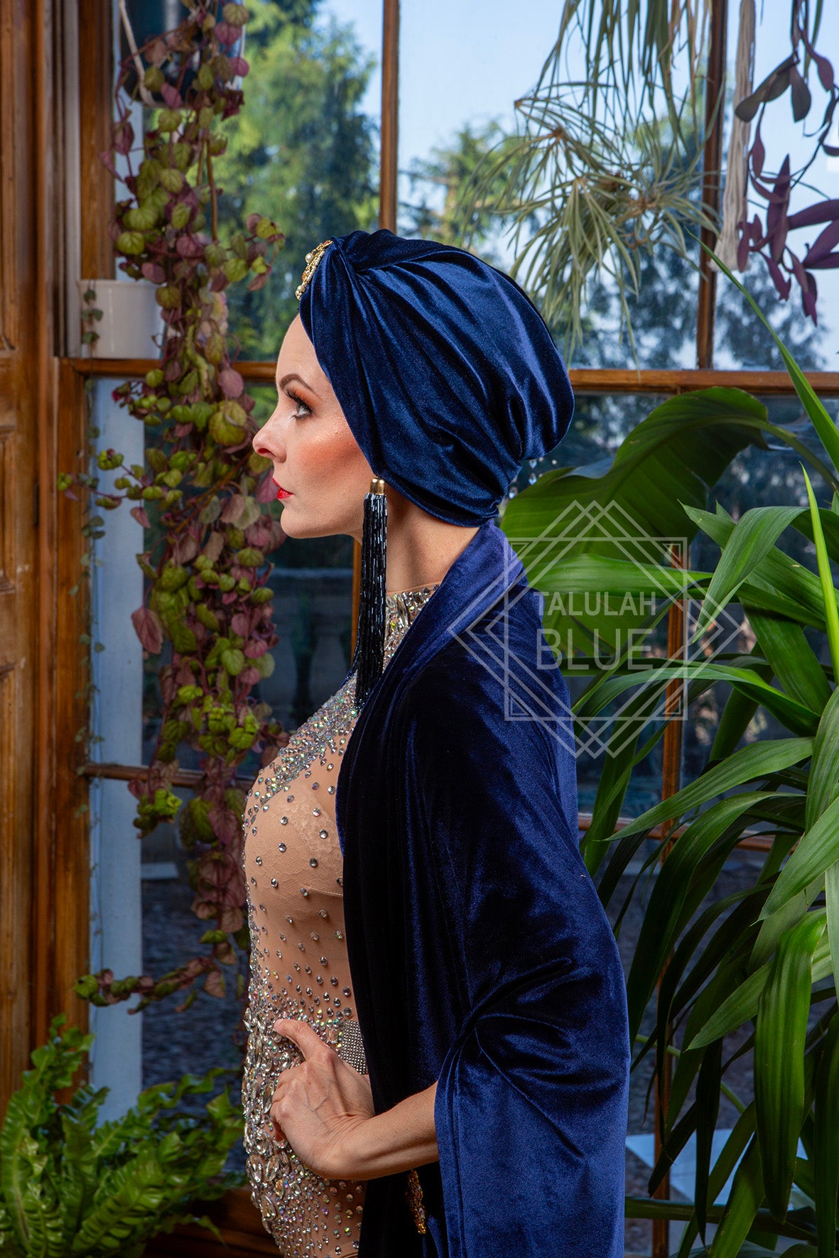 navy blue velvet turban great gatsby costume 1920's vintage style, burlesque costume, art deco fashion turbans for ladies