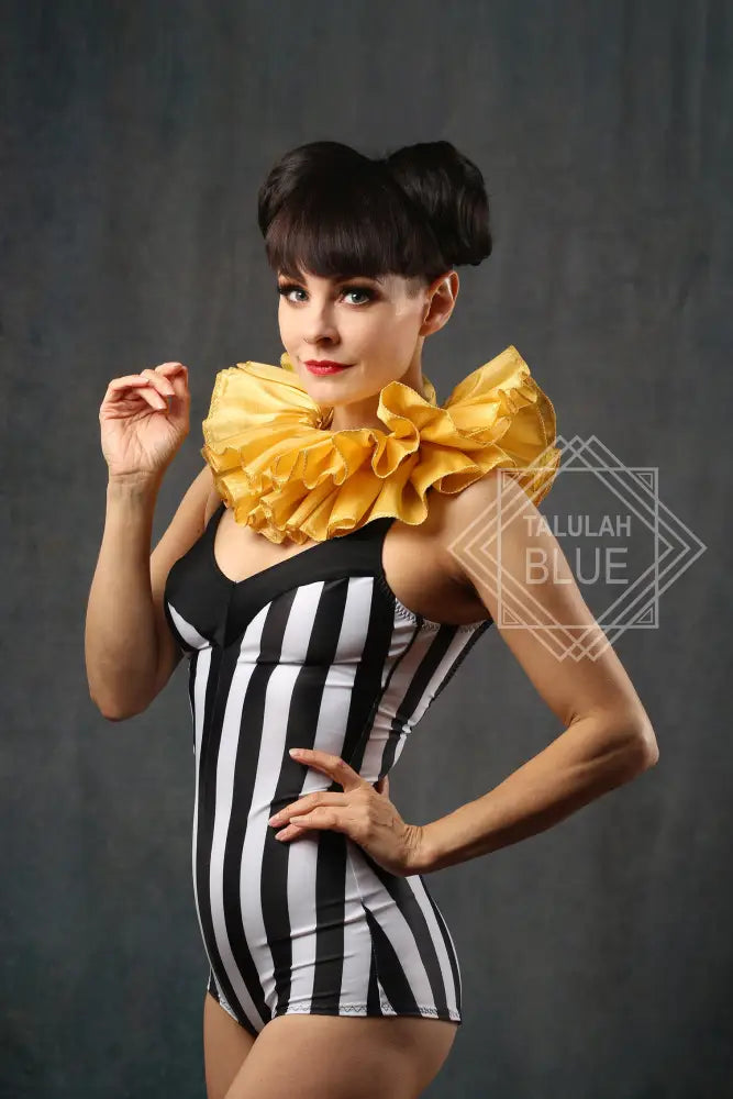 Neck Ruffle Circus Costume in Gold Satin Organza Talulah Blue Costumes Neck Ruffle Circus Costume in Gold Satin Organza Talulah Blue Costumes