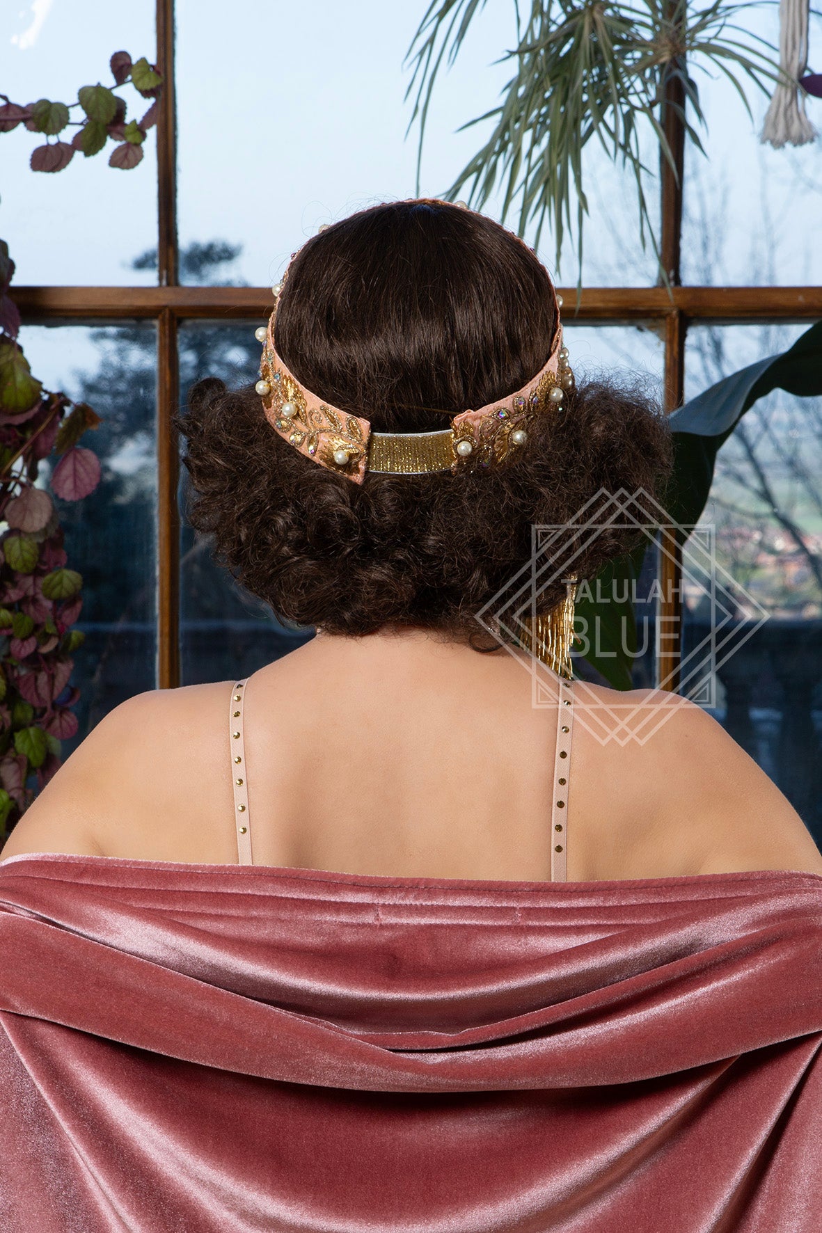 pink art deco hand beaded flapper headband, with long gold tassel for the perfect flappergirl outfit