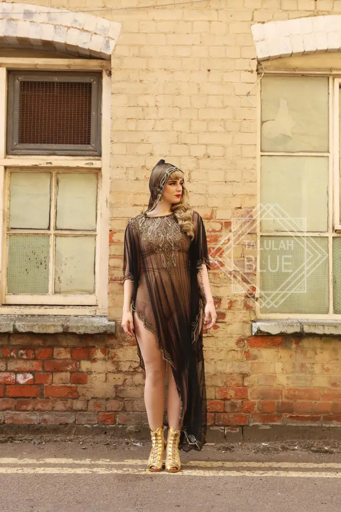 Sheer Black Beaded Kaftan with Hood