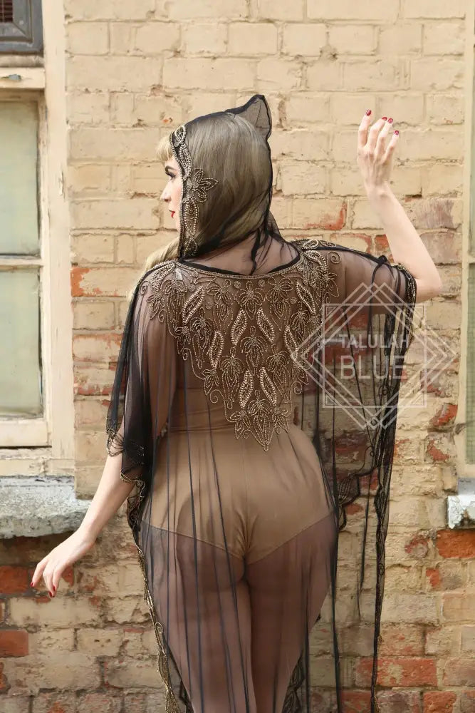 Sheer Black Beaded Kaftan with Hood