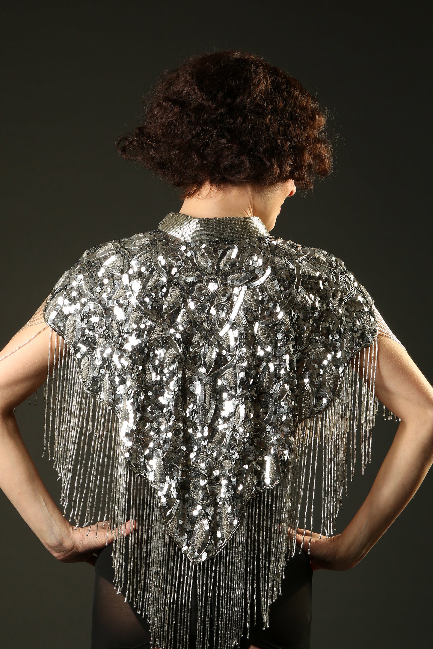 1920 Silver Embellished Beaded Great Gatsby Cape Fringe Top