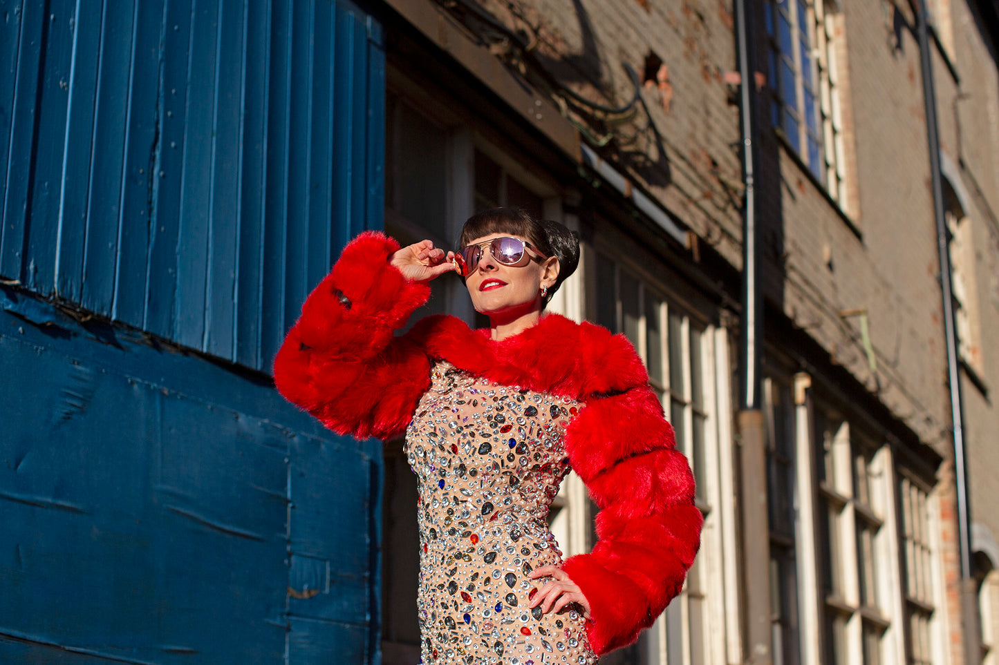 red faux fur cropped jacket festival outfit costume