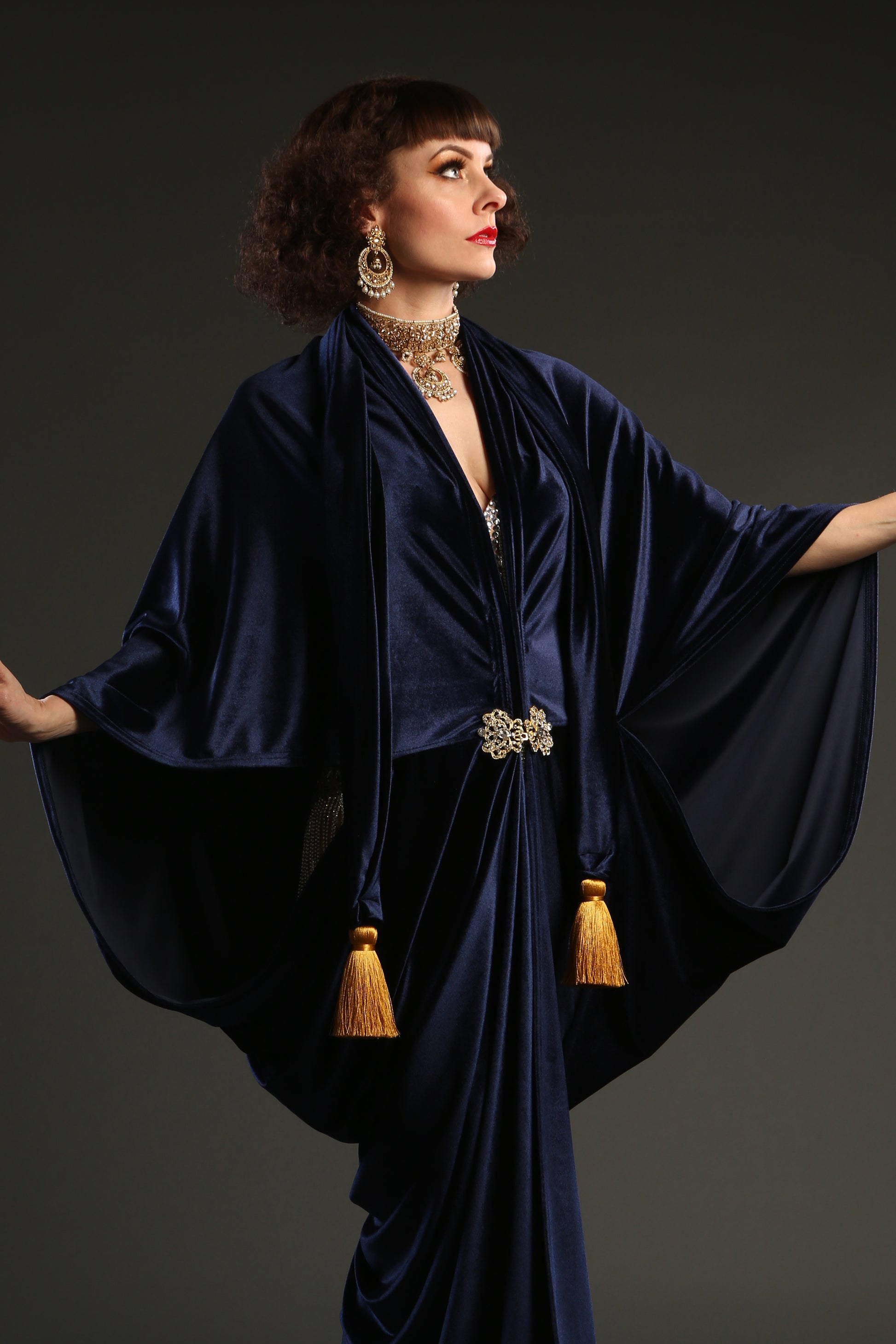 1920s Navy Velvet Great Gatsby Dress - Floor length flapper Cocoon coat
