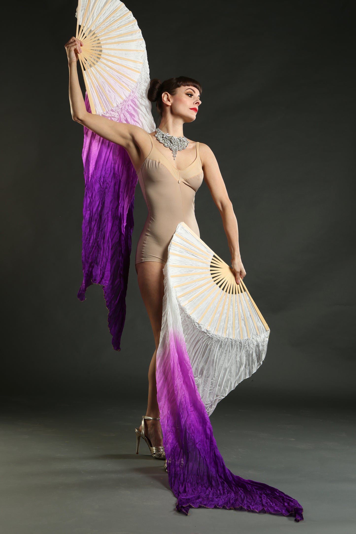 purple and white silk veil belly dance fans