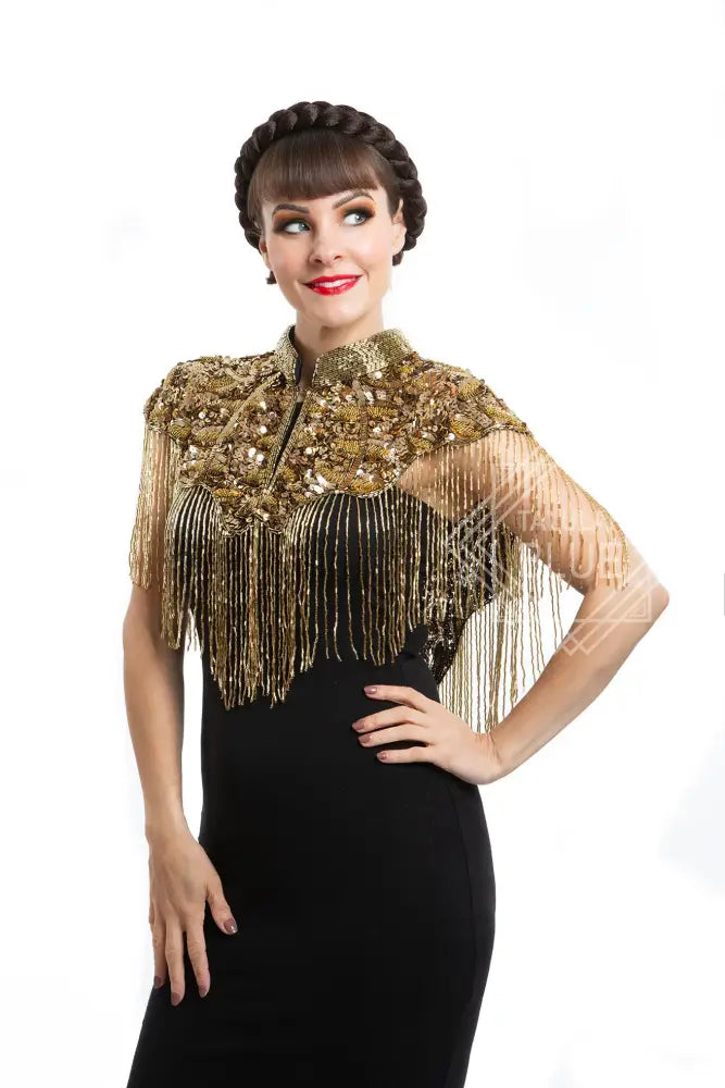 1920 Gold Embellished Beaded Great Gatsby Cape Fringe Top Talulah Blue Costumes 1920 Gold Embellished Beaded Great Gatsby Cape Fringe Top Talulah Blue Costumes