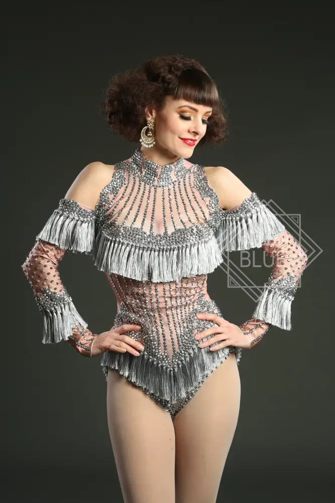 art deco leotard burlesque costume showgirl outfit drag queen silver tassel