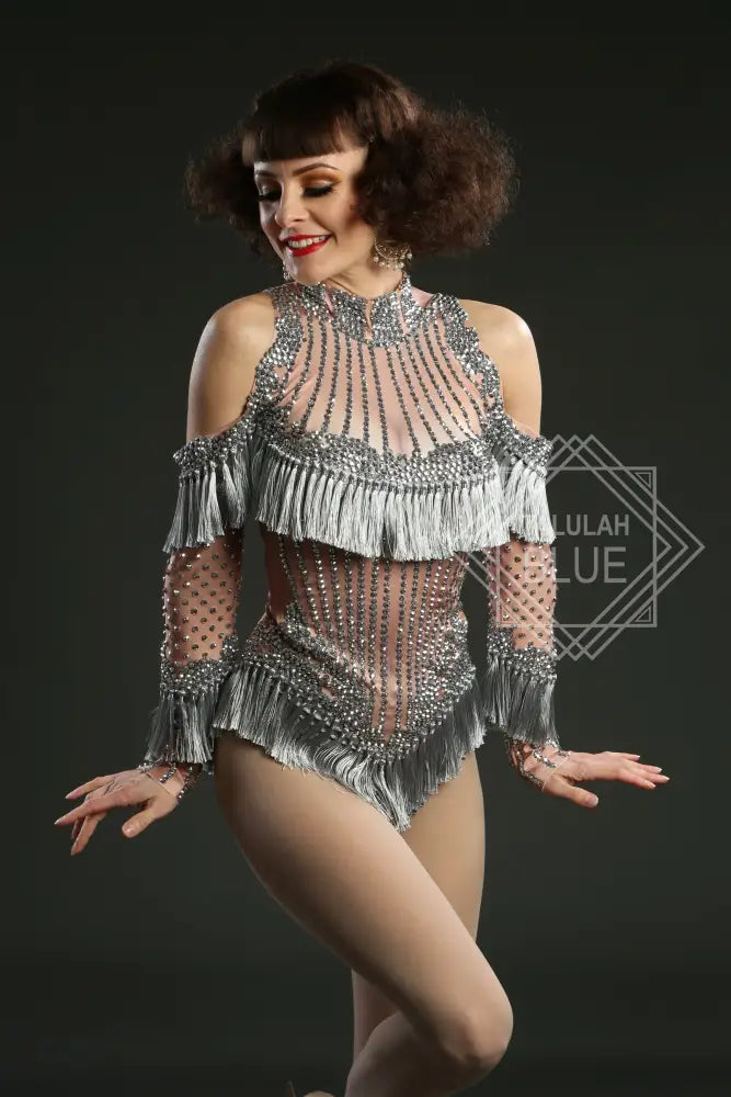 art deco leotard burlesque costume showgirl outfit drag queen silver tassel the greatest showman festival fancy dress