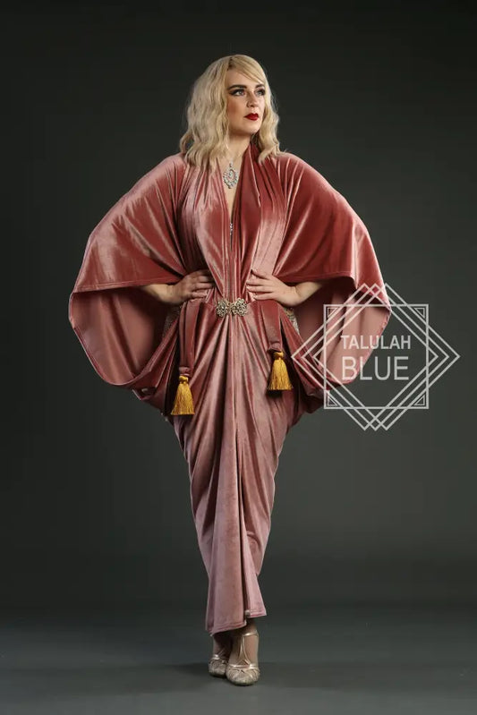 burlesque outfits, burlesque costume, flapper dress 1920s Blush Pink Velvet Great Gatsby Dress - Floor length flapper Cocoon coat