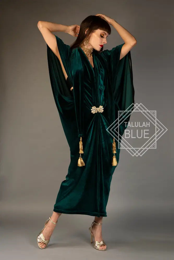 1920s Forest Green Velvet Great Gatsby Dress - Floor length flapper Cocoon Robe