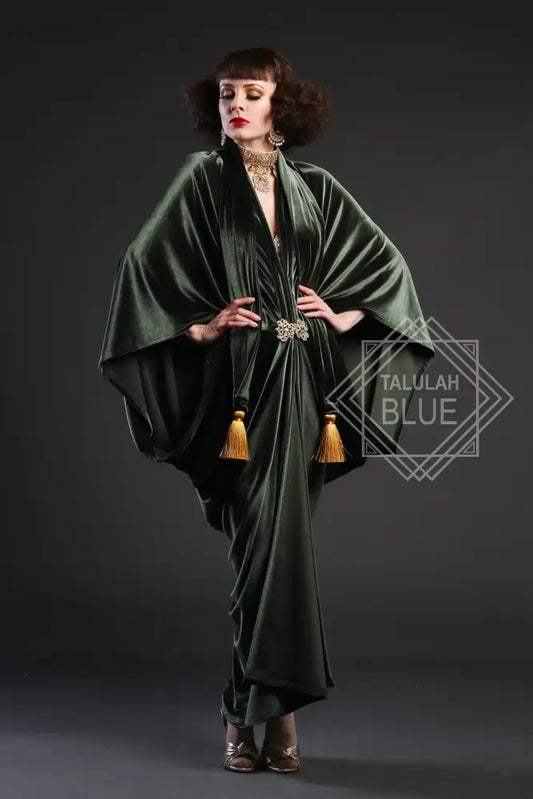 Stretch velvet great gatsby 1920's art deco flapper robe dress vintage fashion, rerpoduction gown with gold tassels and crystal clasp, made to order in a large range of sizes and heights