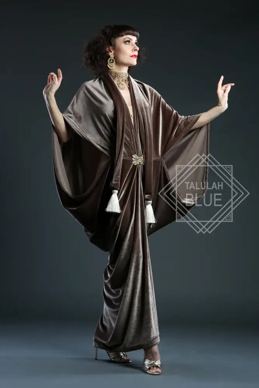 mushroom brown velvet 1920 Gatsby dressing gown robe