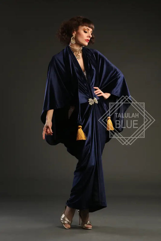 1920s Navy Velvet Great Gatsby Dress - Floor length flapper Cocoon coat