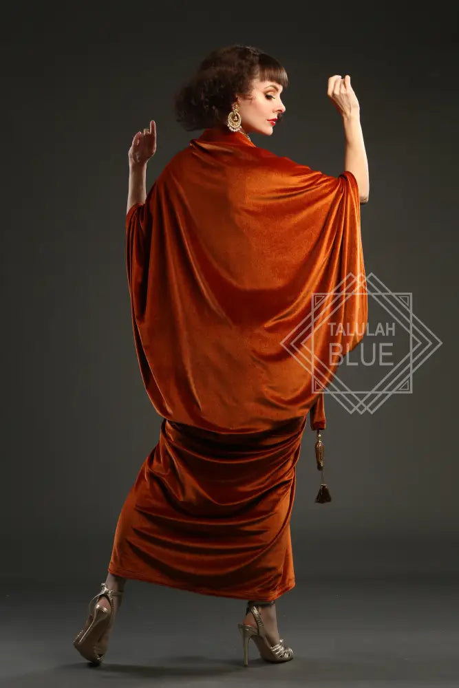 1920s Orange Velvet Great Gatsby Dress - Floor length flapper Cocoon coat