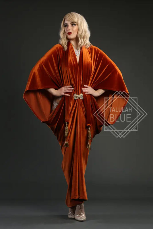 1920s flapper dress Orange Velvet Great Gatsby Dress - Floor length flapper Cocoon coat