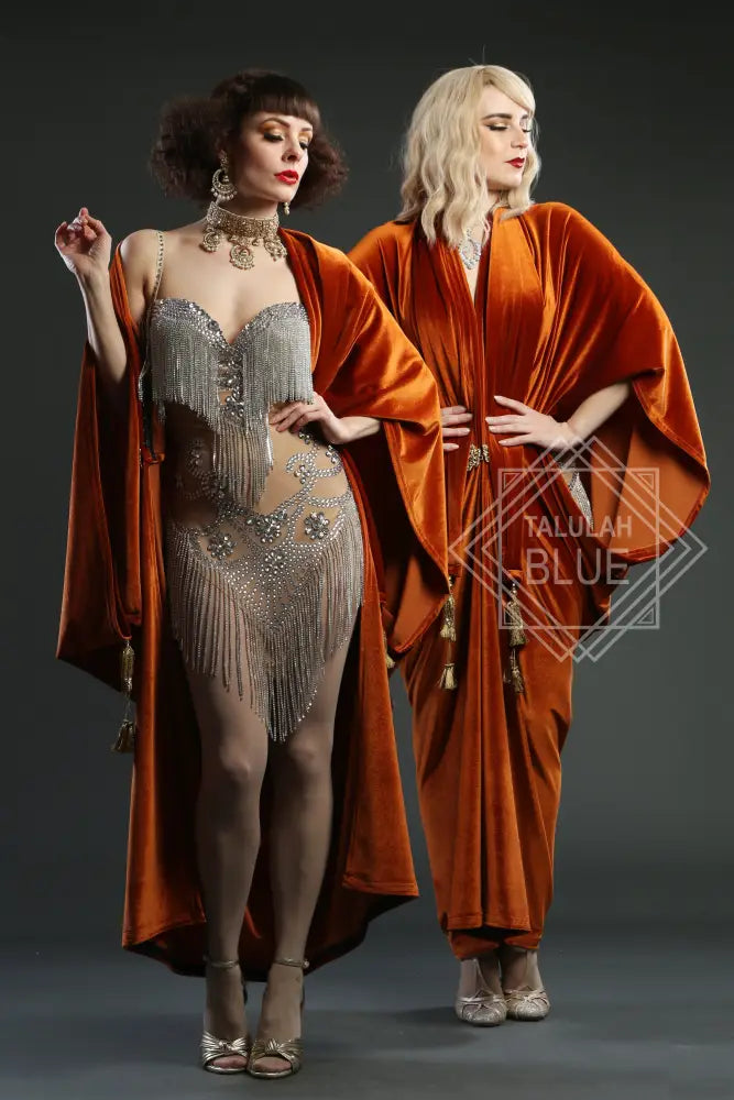 1920s Orange Velvet Great Gatsby Dress - Floor length flapper Cocoon coat