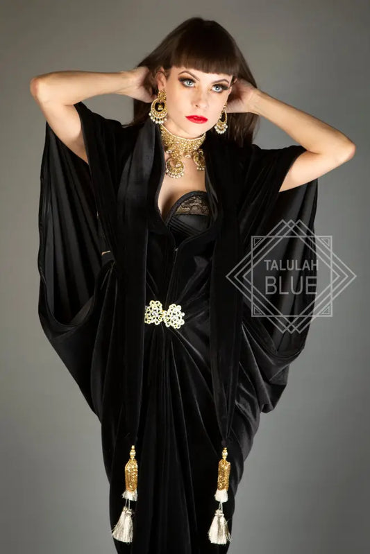1920s Velvet Great Gatsby Black Dress - Floor length flapper Cocoon coat