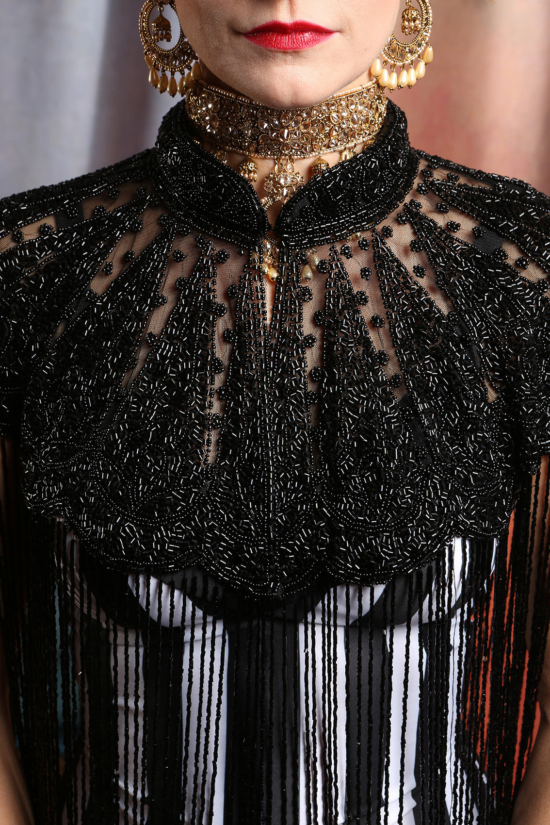1920's style black beaded art deco mourning cape vintage fashion, circus costume