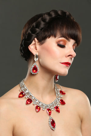 Silver & Red Gem Showgirl Necklace & Earring Set