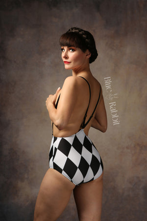 Black & White Harlequin Lycra Suspender Playsuit Circus Costume