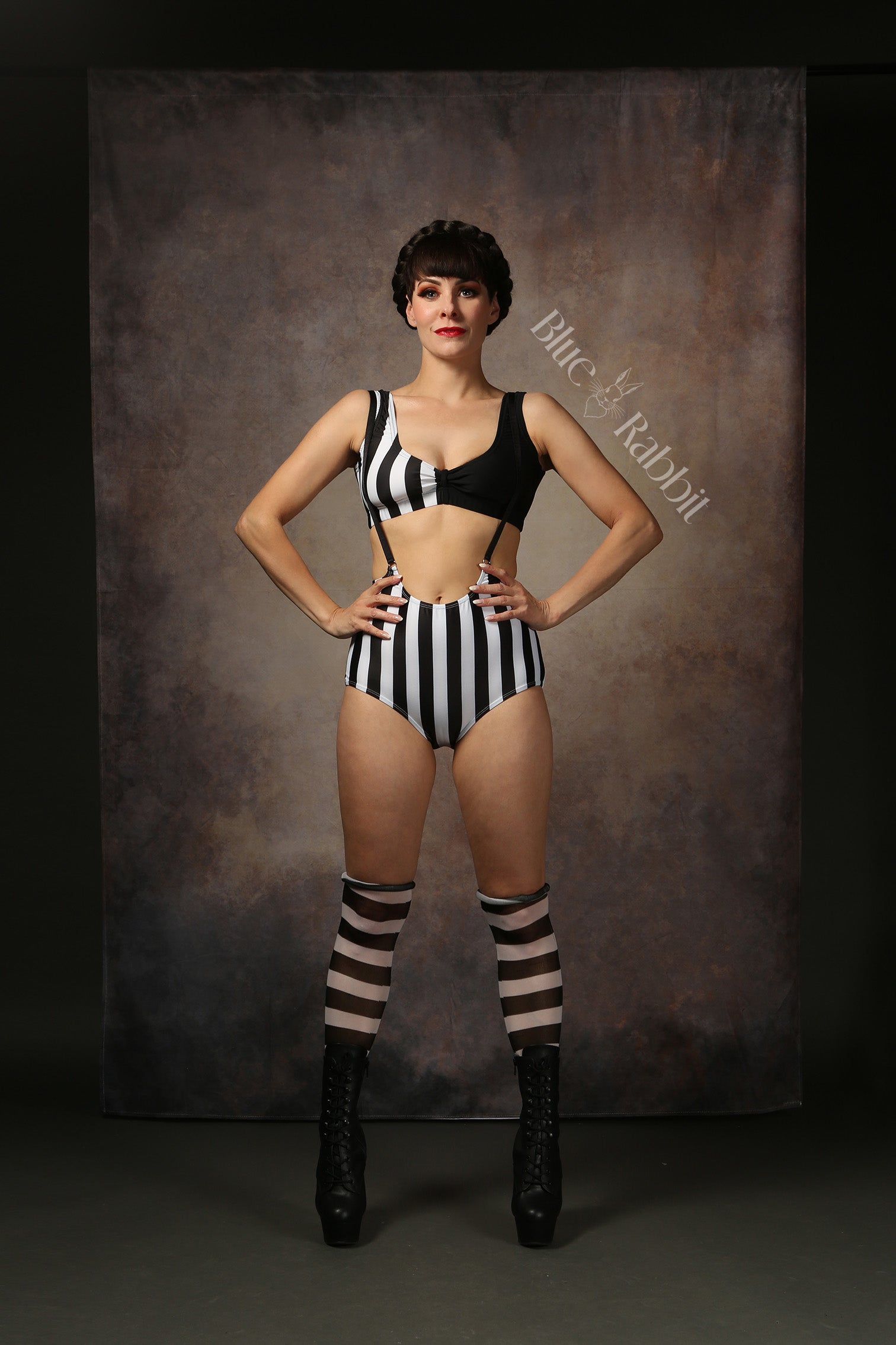 black stripe lycra womans wrestling outfit cheerleader circus costume fancy dress crop top