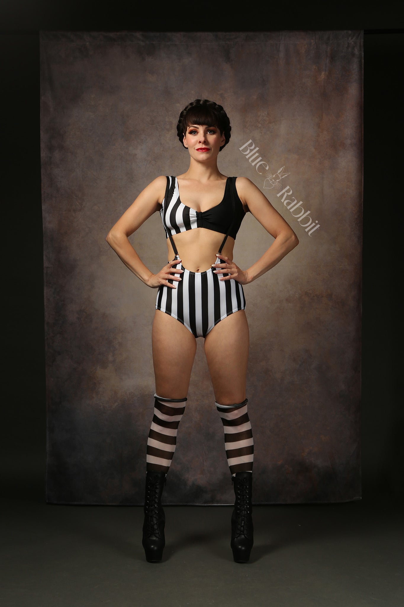 Black & White Stripe Lycra Suspender Playsuit & Bra Set
