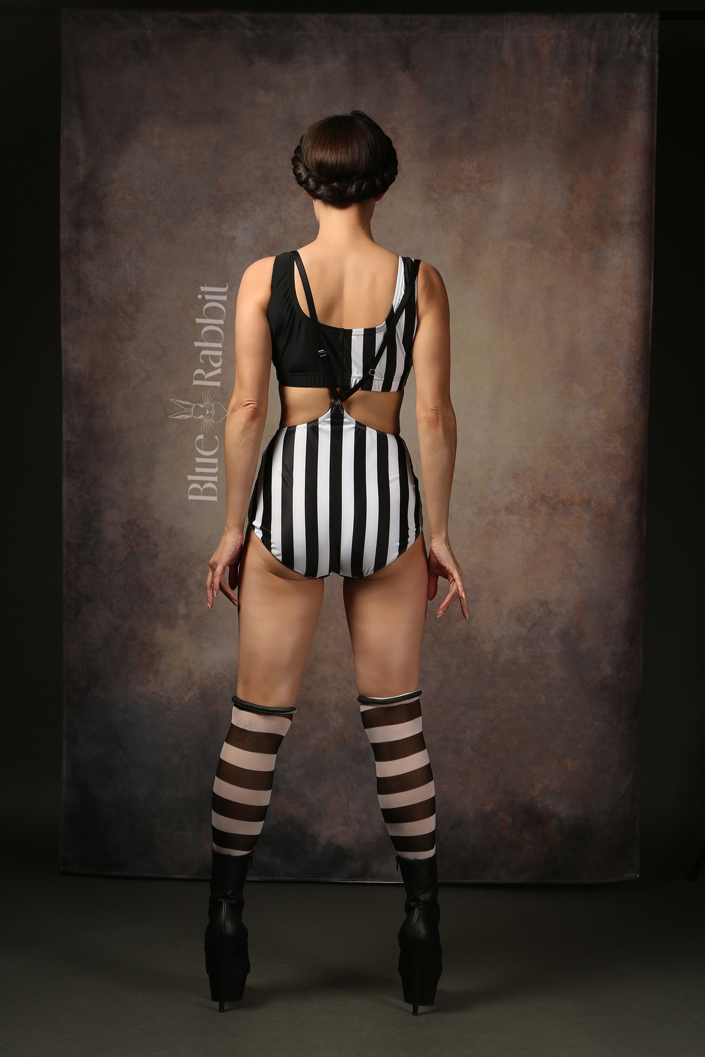 Black & White Stripe Lycra Suspender Playsuit & Bra Set