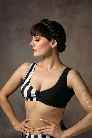 Black & White Stripe Lycra Suspender Playsuit & Bra Set