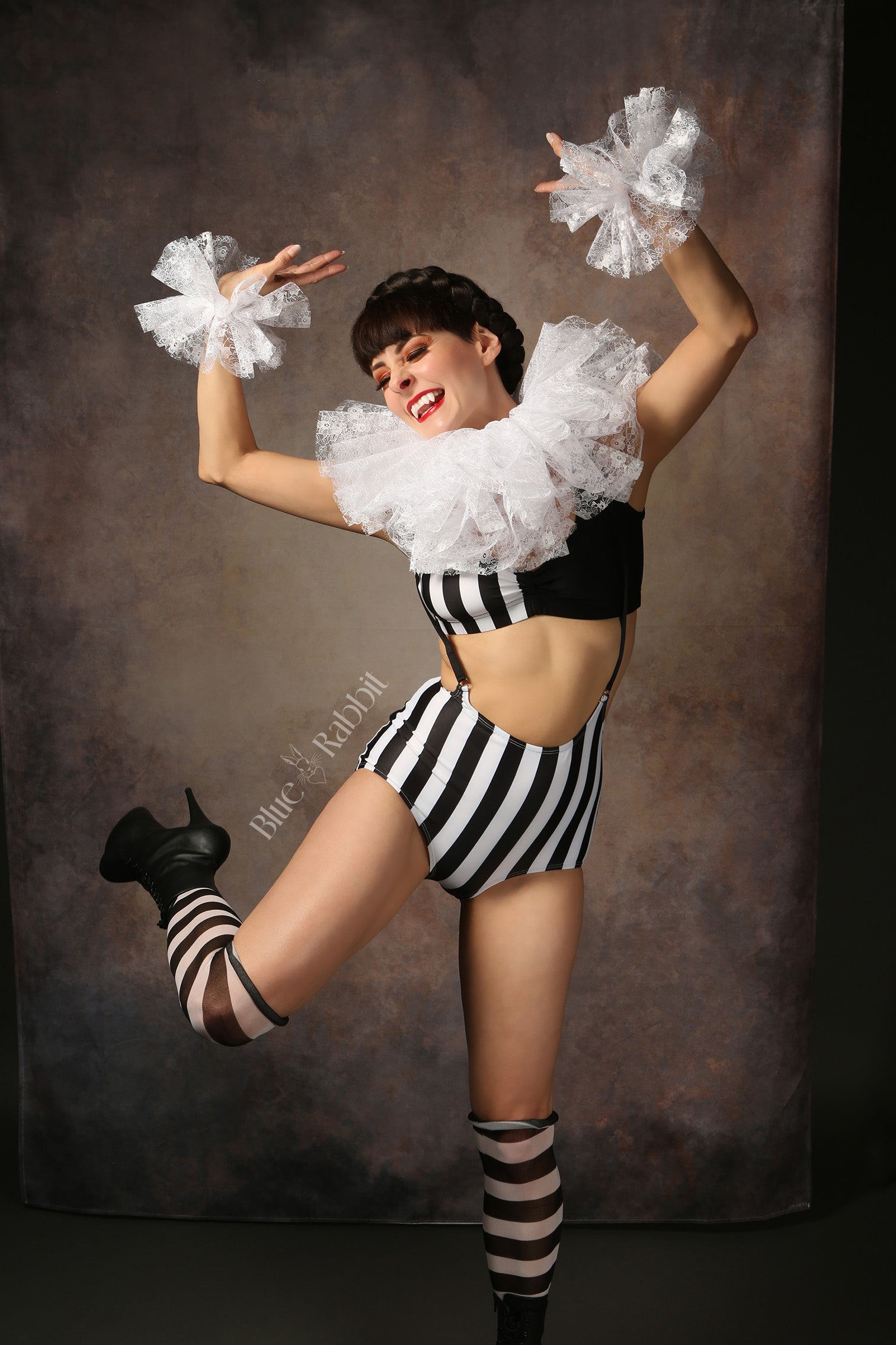 black stripe lycra womans wrestling outfit cheerleader circus costume fancy dress halloween vampire