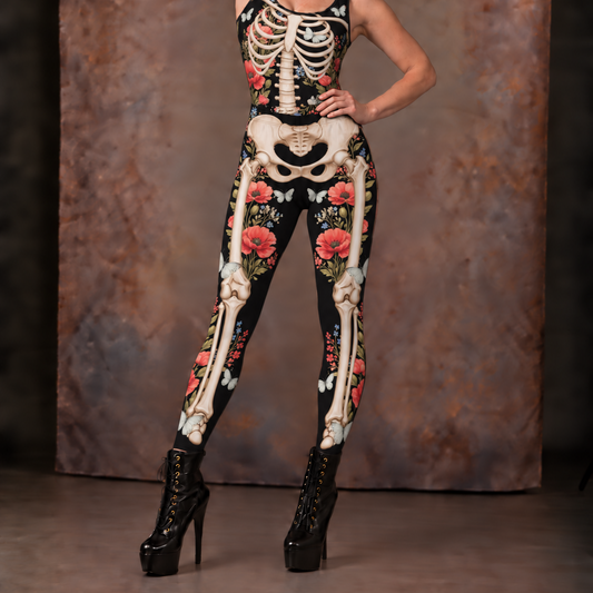 Womans Red and Black Skeleton Leggings Halloween Costume