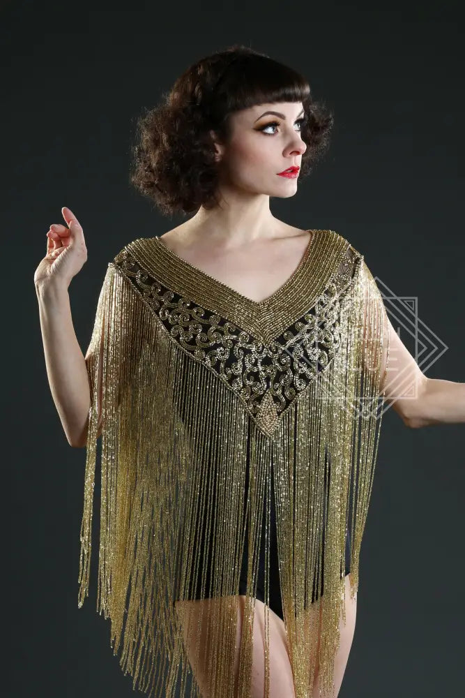 black gold long fringe collar cape