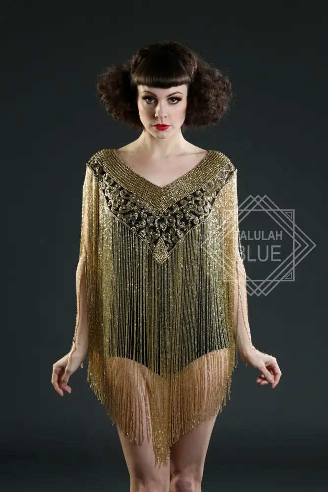black gold long fringe collar cape